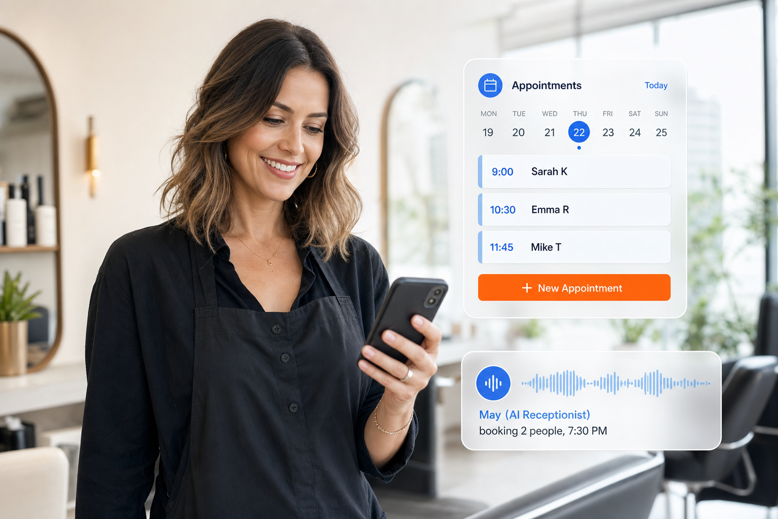 Salon owner using the Fiyr app on her phone with a floating appointment calendar and an AI receptionist voice waveform